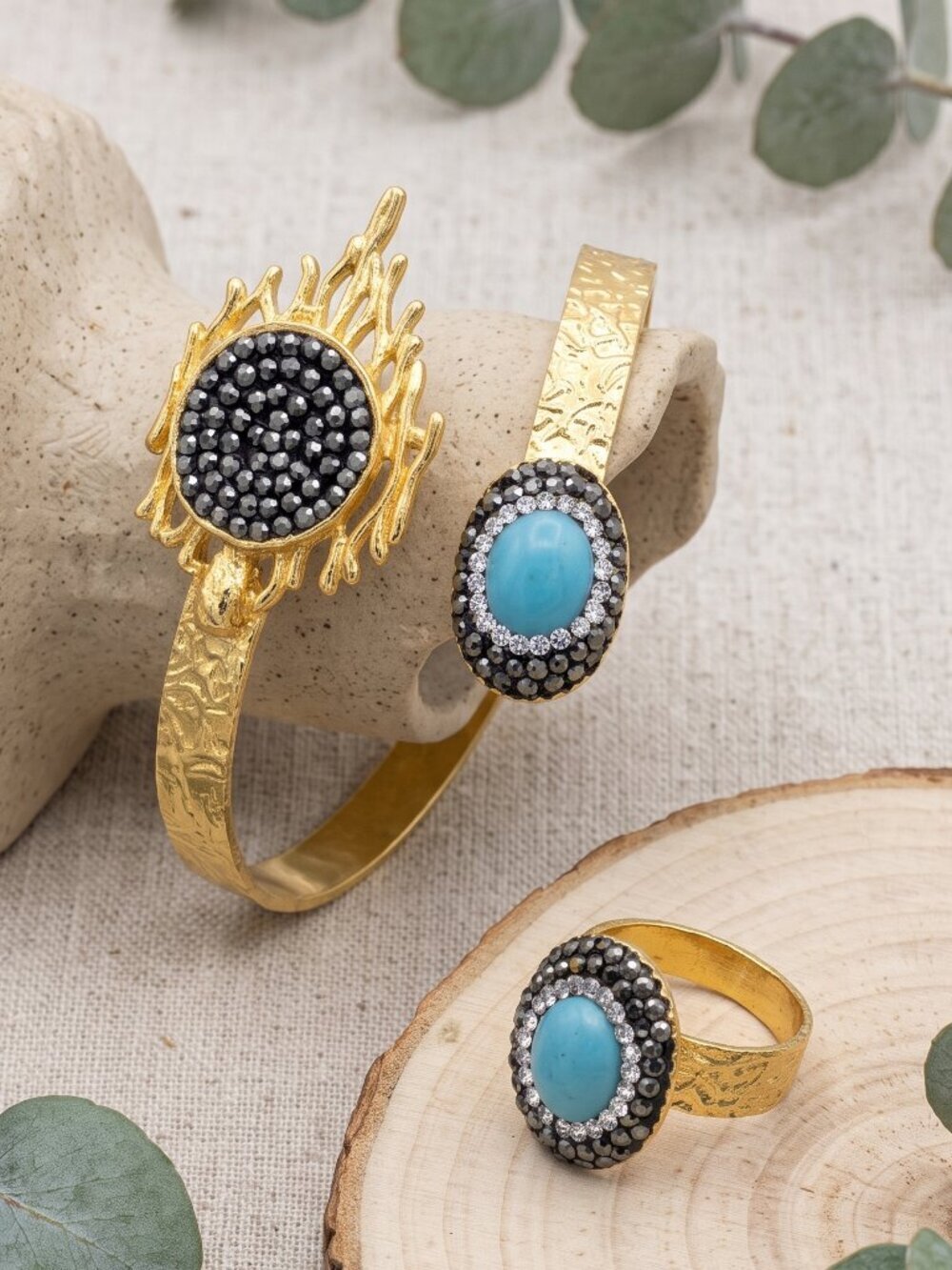 18K Gold Plated Brass Turkish Turquoise Hematite Cuff Ring Set Artisan Sz 8-10